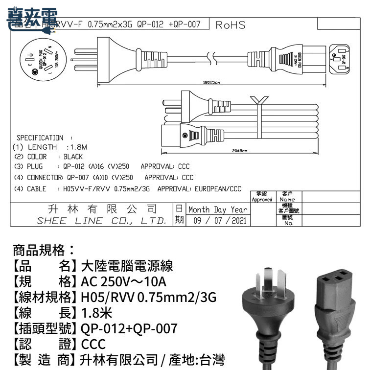 中國大陸品字頭電腦主機電源線 CCC認證