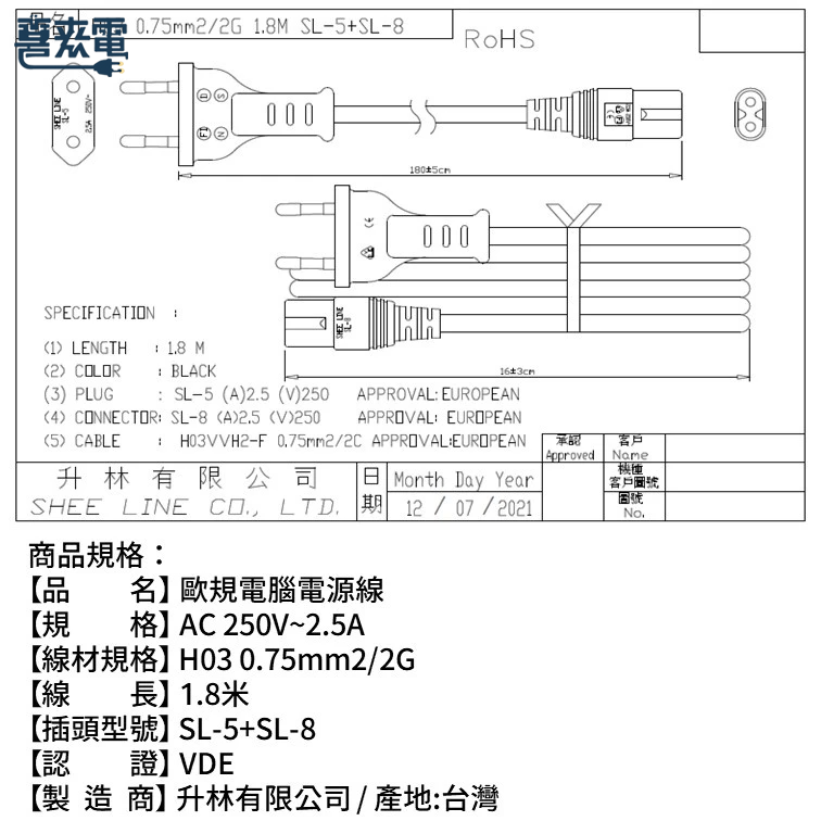 歐規電源線 8字型 2孔母插中繼線